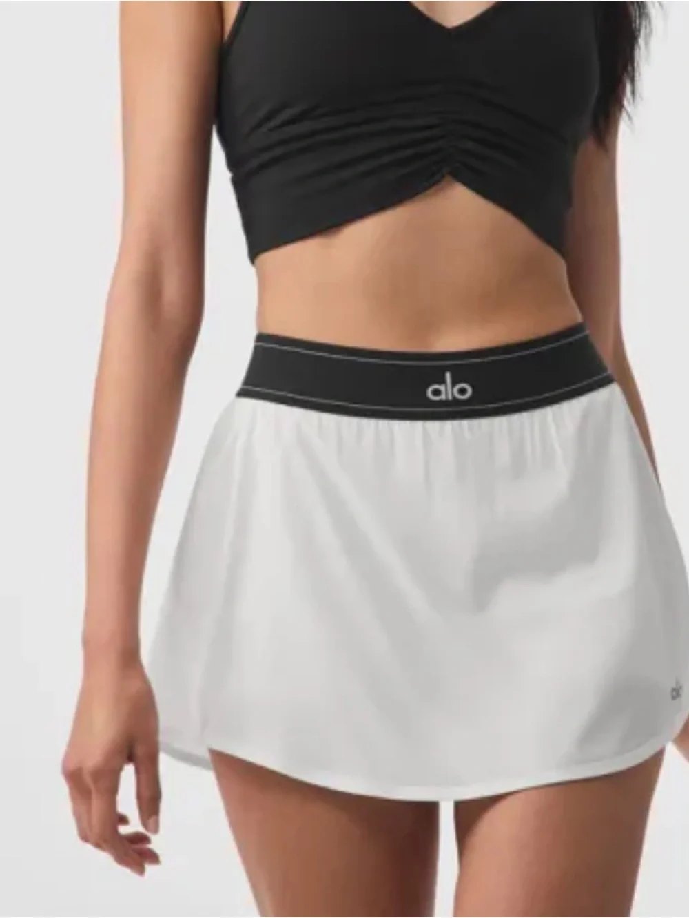 Alo White Tennis Skirt with Black Elastic Waistband